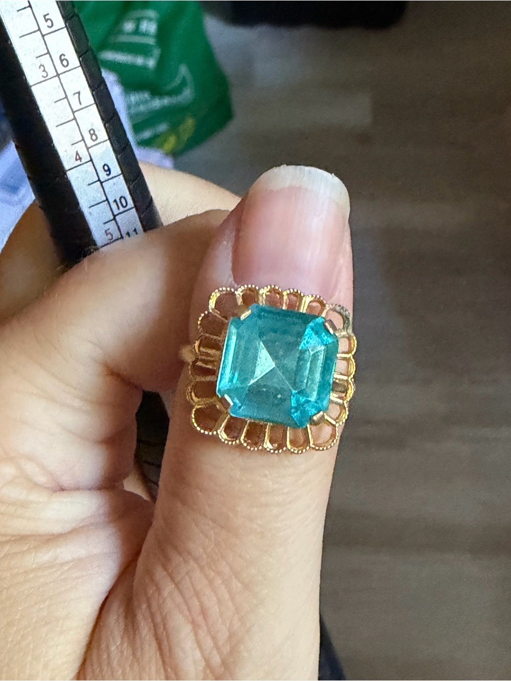 Gold-Frame Teal Gemstone Statement Ring size 7